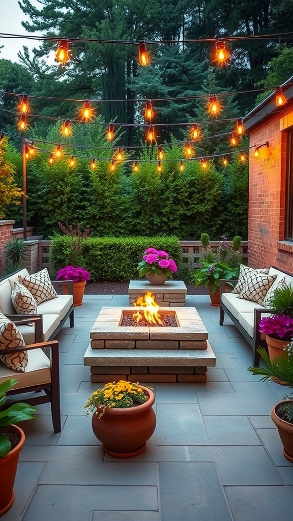 A stylish patio with comfortable seating, fire pit, and decorative plants, illuminated by string lights.